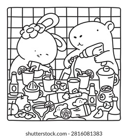 Cute bunny and a friendly capybara prepare refreshing homemade lemonades together using fresh fruit, ice, and other  ingredients. Black and white coloring page.