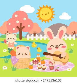 Cute Bunny and Friends Picnic by the Lake with Ducks. Kawaii Animal Friends Enjoying a Sunny Picnic. Adorable Bunny, Cat, and Duck Picnic in the Park.