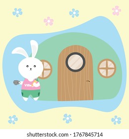 a cute bunny in front of home illustration vector design