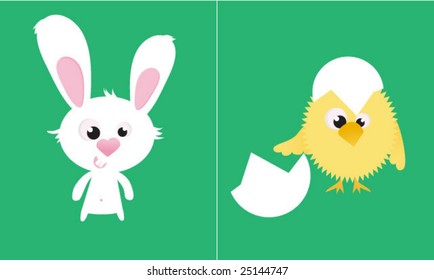 Cute bunny and funny chicken