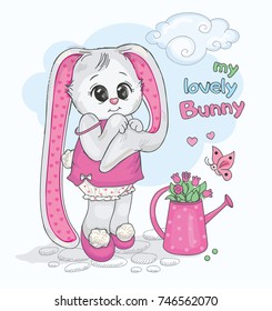 Cute bunny in the garden. Vintage drawing. Romance. Love.