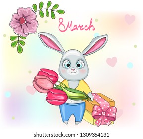 Cute bunny with gift and bouquet of tulips