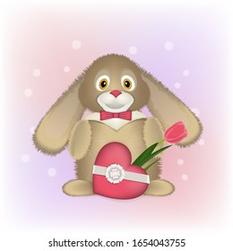 Cute bunny with a gift in the form of a heart and a tulip. vector illustration.