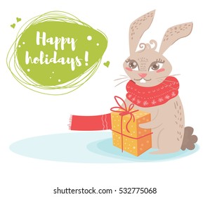 Cute Bunny with gift. Happy holidays. Vector. Cartoon. Isolated. Flat