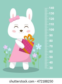 Cute bunny with a gift on a background of flowers. Stadiometer. Vector illustration