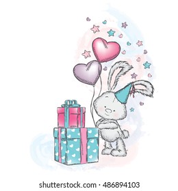 Cute bunny with gifts and balloons. Vector illustration for a card or poster. Print on clothes. Charming hare.