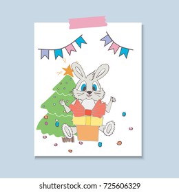 Cute bunny with gifts, fir tree and flags. Vector cartoon illustration can be used for baby t-shirt, print design, baby shower, greeting and invitation card.
