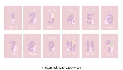 Cute Bunny Girl Baby Milestone Cards PNG, Numbers clipart. 1-11 months and 1 year. Baby shower print capturing all the special moments. Baby month anniversary card. Nursery print. svg