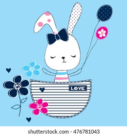 cute bunny girl with balloon and flowers in the pocket, Happy Birthday card, T-shirt graphics for kids vector illustration