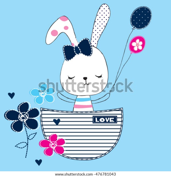 ポケットに風船と花を持つかわいい女の子 誕生日カード 子ども向けのtシャツグラフィックスベクターイラスト のベクター画像素材 ロイヤリティフリー