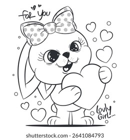 Cute bunny girl with big eyes and bow holding a heart. Black and white outline for coloring book or kids' print. Perfect for Valentine's Day, vector illustration.