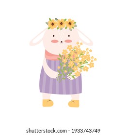 Cute bunny girl with a bouquet of yellow flowers isolated on a white background. Rabbit with a flower wreath on his head. Cartoon character hare. Happy Easter! Spring festival. Vector illustration