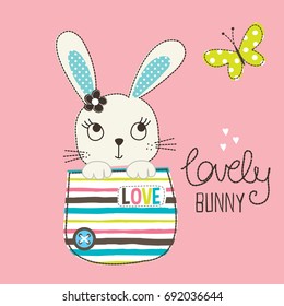 cute bunny girl with butterfly, Happy Easter card vector illustration