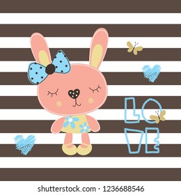 cute bunny girl with butterfly vector illustration, love card with bunny, Happy Easter pattern, T-shirt graphics design for kids