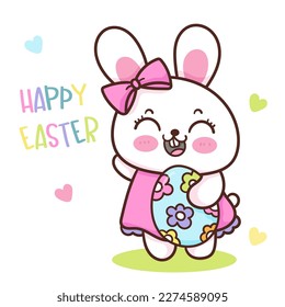 Cute bunny girl carries easter egg flower. Series: Kawaii animals rabbit eggs hunting (Character cartoon). Spring activities holiday. Perfect make a wish for baby t shirt fairy tale book, celebration.