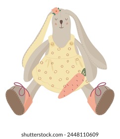 Cute Bunny girl with carrot. Easter mood. Handmade textile stuffed toy for kids. Hand drawn vector illustration.