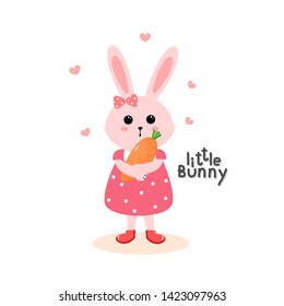 Cute bunny girl with carrot isolated on white background, Funny cartoon character vector illustration.