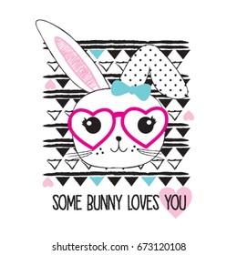 cute bunny girl cartoon, Happy Easter card, T-shirt graphics for kids vector illustration