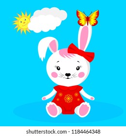Cute Bunny girl. Cartoon plush toy white in a red dress and a bow, with a butterfly on the ear, against the background of Sunny weather. Vector Illustration
