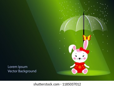 Cute Bunny girl. Cartoon plush toy white in a red dress and a bow, with a butterfly on the ear, against the background of rainy weather with sunlight. Vector Illustration