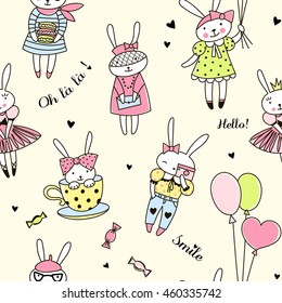 Cute bunny girl characters seamless pattern. Doodle style. Kid design.