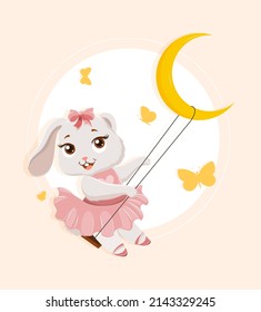Cute bunny girl concept. Beautiful rabbit in pink dress swinging on carousel next to moon, stars and butterflies. Design element for printing on children clothing. Cartoon flat vector illustration
