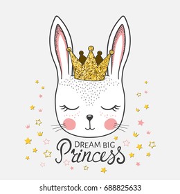 Cute Bunny Girl With Crown. Dream Big Princess