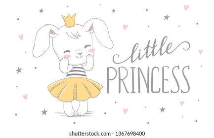 Cute bunny girl with crown. illustration vector for print design