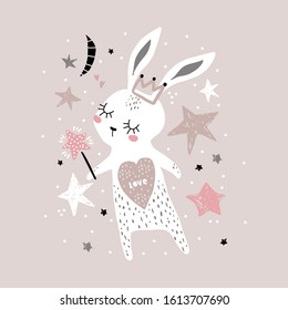 Cute bunny girl with crown and magic wand isolated on white. Childish print for apparel, nursery, cards,posters. Vector Illustration