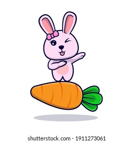 Cute bunny girl dabbing on top of carrot design icon illustration