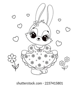 Una linda conejita con un vestido. Dibujo lineal blanco y negro. Para el diseño de libros de colorear para niños, tarjetas, pegatinas, acertijos, etc. Vector