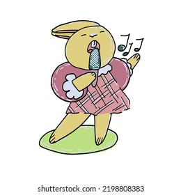 Cute bunny girl in a dress sings karaoke. Vector hand drawn cartoon illustration. 