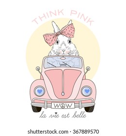 cute bunny girl driving pink car, think pink, life is beautiful, animal illustration