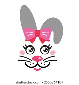 Cute bunny girl face with bow design for Easter holiday. Female rabbit head isolated vector illustration in flat style 