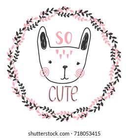 Cute bunny girl with flowers and leaves frame. so cute quote. design for kids prints textile cards and other
