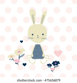 cute bunny girl with flowers on polka dots background, Happy Easter card vector illustration