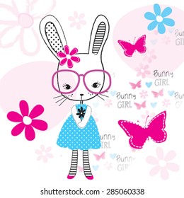 cute bunny girl with glasses, butterfly and flowers vector illustration