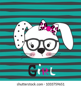 cute bunny girl with glasses, Happy Easter card, design for kids t-shirt