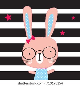 cute bunny girl with glasses on striped background vector illustration