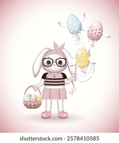 Cute bunny girl in glasses and polka dot dress holds a basket of Easter eggs in one hand and ribbons tied to flying Easter eggs with wings in the other