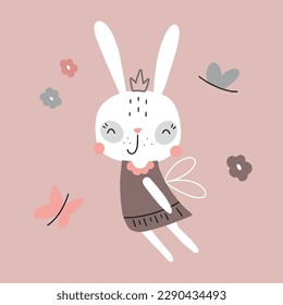 Cute bunny girl. Hand drawn vector illustration. Can be used for baby t-shirt print, fashion print design, baby clothes, baby shower celebration greeting and invitation card.