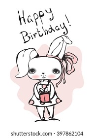 Cute bunny girl Happy Birthday card.