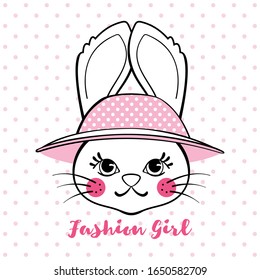 Cute bunny girl with hat on polka dot background isolated on white. Design element for t-shirt print, apparel, baby shower posters or greeting cards. Vector illustration.