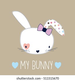 Cute Bunny Girl Head, Happy Easter Card, T-shirt Design For Kids Vector Illustration