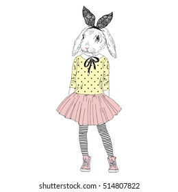 cute bunny girl hipster, anthropomorphic illustration for kids