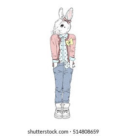 cute bunny girl hipster, anthropomorphic illustration for kids