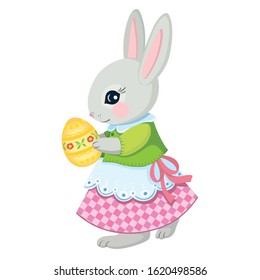 Cute bunny girl holding a yellow easter egg. Vector illustration on a white background.