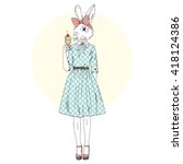 cute bunny girl with ice cream, furry art illustration, fashion animals, hipster animals, dressed up animals