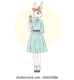 cute bunny girl with ice cream, furry art illustration, fashion animals, hipster animals, dressed up animals