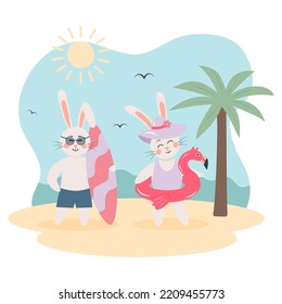 Cute Bunny Girl With An Inflatable Flamingo Ring And A Bunny Boy With Surfboard On The Beach. Outdoor Sports, Summer Vacation. Greeting Card. Bunny Or Hare - Childish Mascot 2023 Symbol Year.